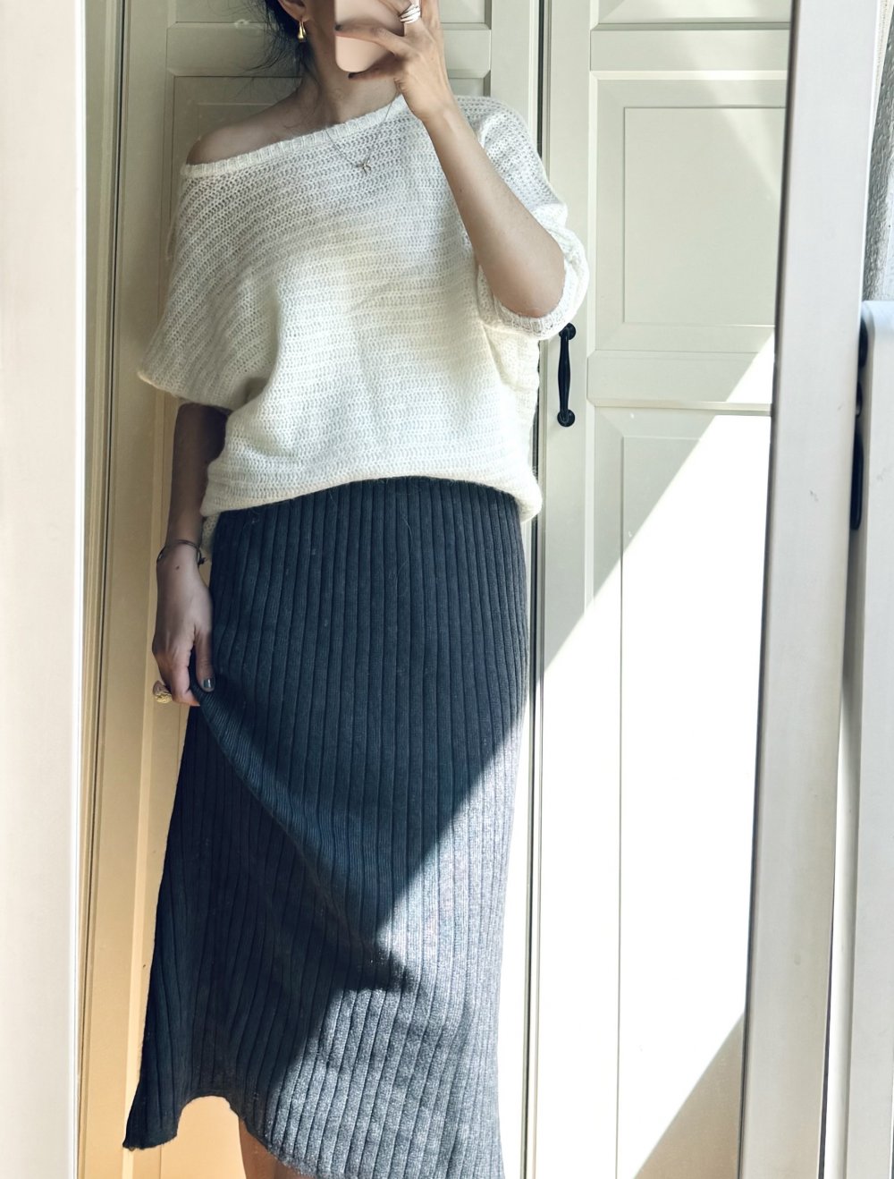 Rock Midi Strick Grau elastischen Bund Größe XS - S