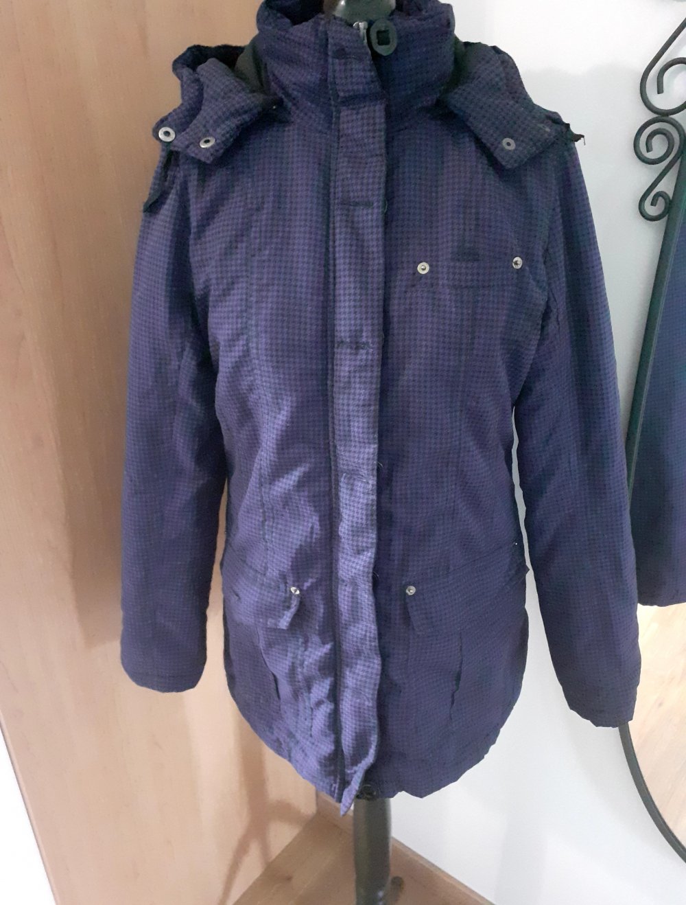 Winterjacke 36 Skijacke Daunenjacke lila schwarz Damen Hahnentrittmuster warm dick gefüttert