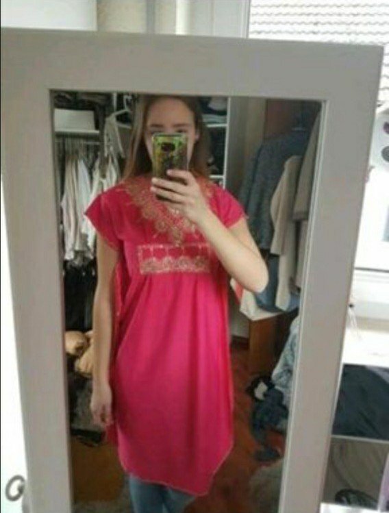 Aztekisches Maxikleid pink gold Stickerei Karnevalskostüm Kaftan Abaya arabisch Takschita Orient Jellabiya Jellaba Djelaba 36 Rosa orientalisch Baumwolle aufwändig muslimisch Marokkanischer Tchamir Tunika Ägypten ägyptisch Santa Lupita