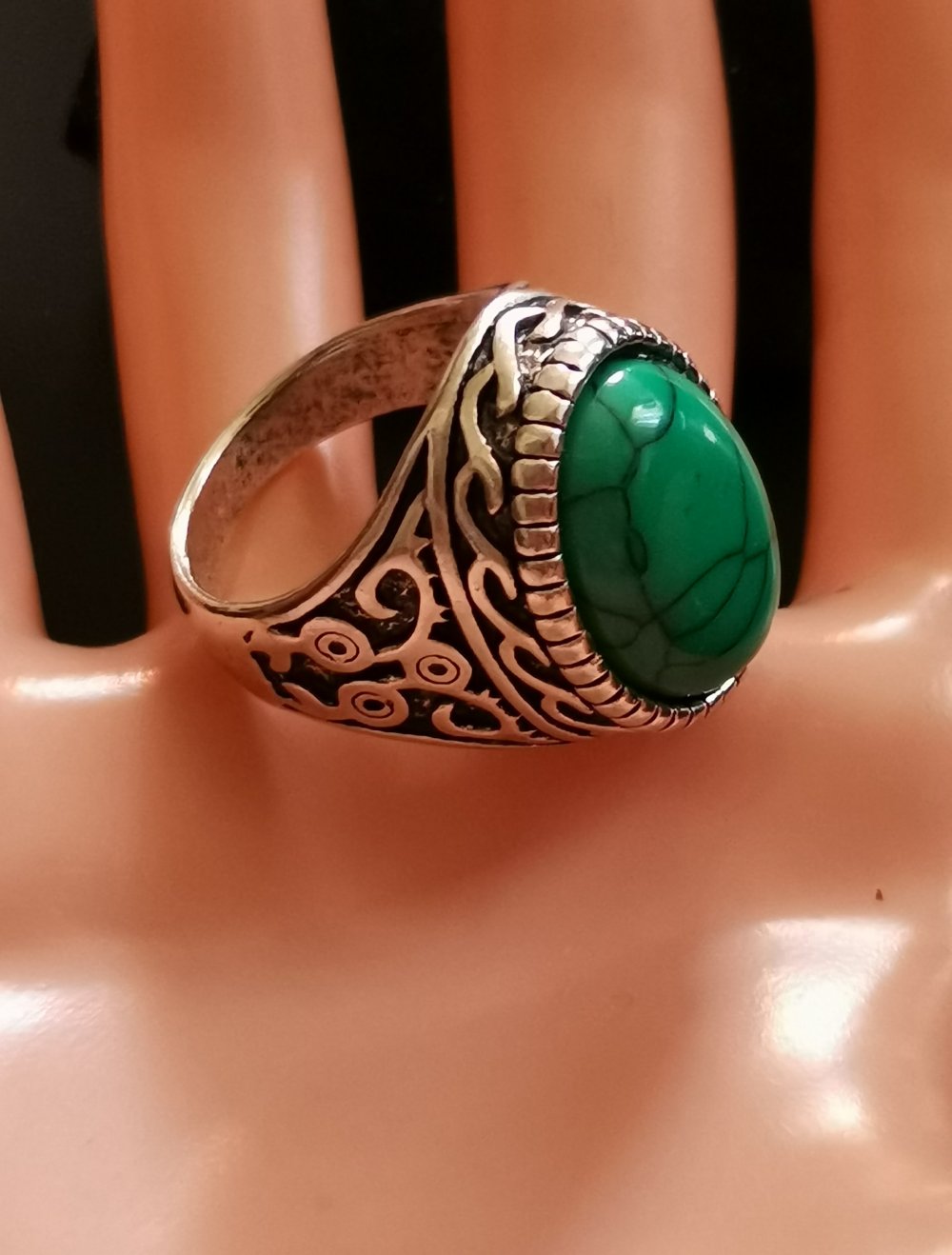 Herren Edelstahl Ring Grün Türkis Oval Gr.19