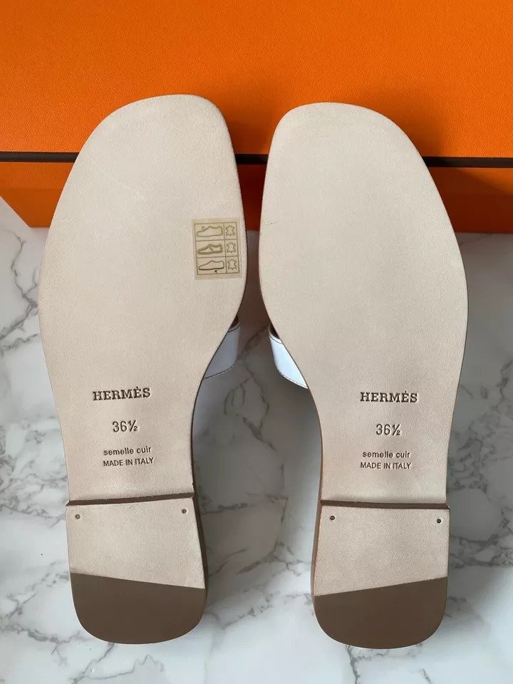 New Authentic HERMES Oran Sandal Mules Slides Shoes Thong Sandals White EU 36.5