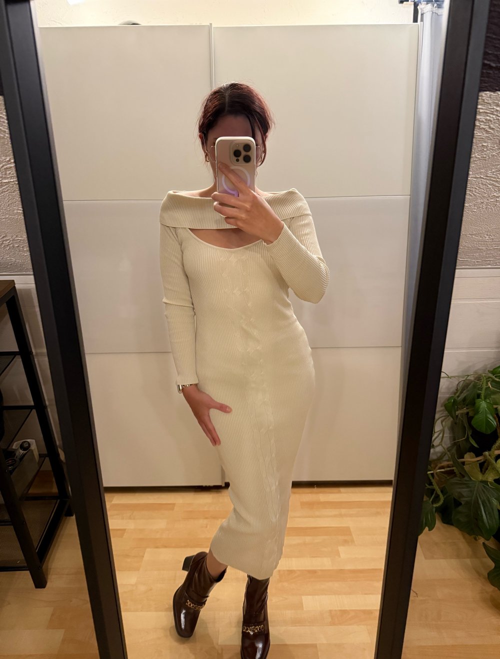 Moocci Rippstrick Kleid Off Shoulder beige cremefarben S/M 36/38