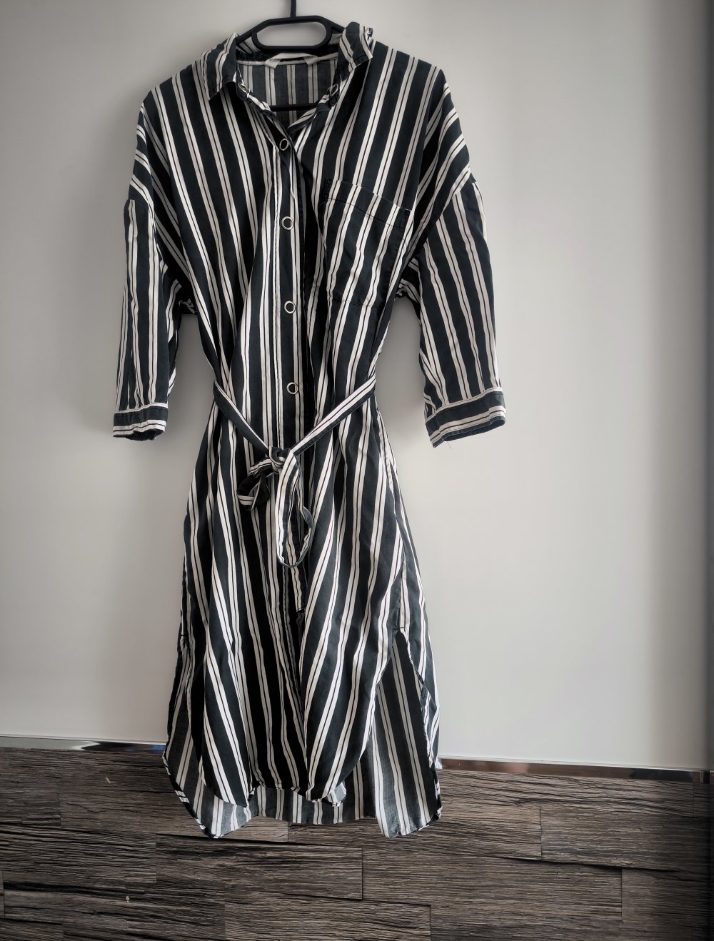Zara Hemdkleid Midi zum Binden Schwarz-weiß Streifen Gr.S 3/4 Ärmel Denim