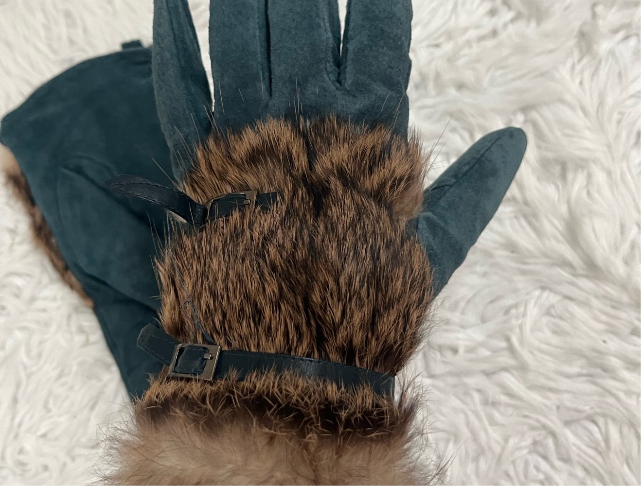 Handschuhe blau Fell braun schwarz Polyester in L