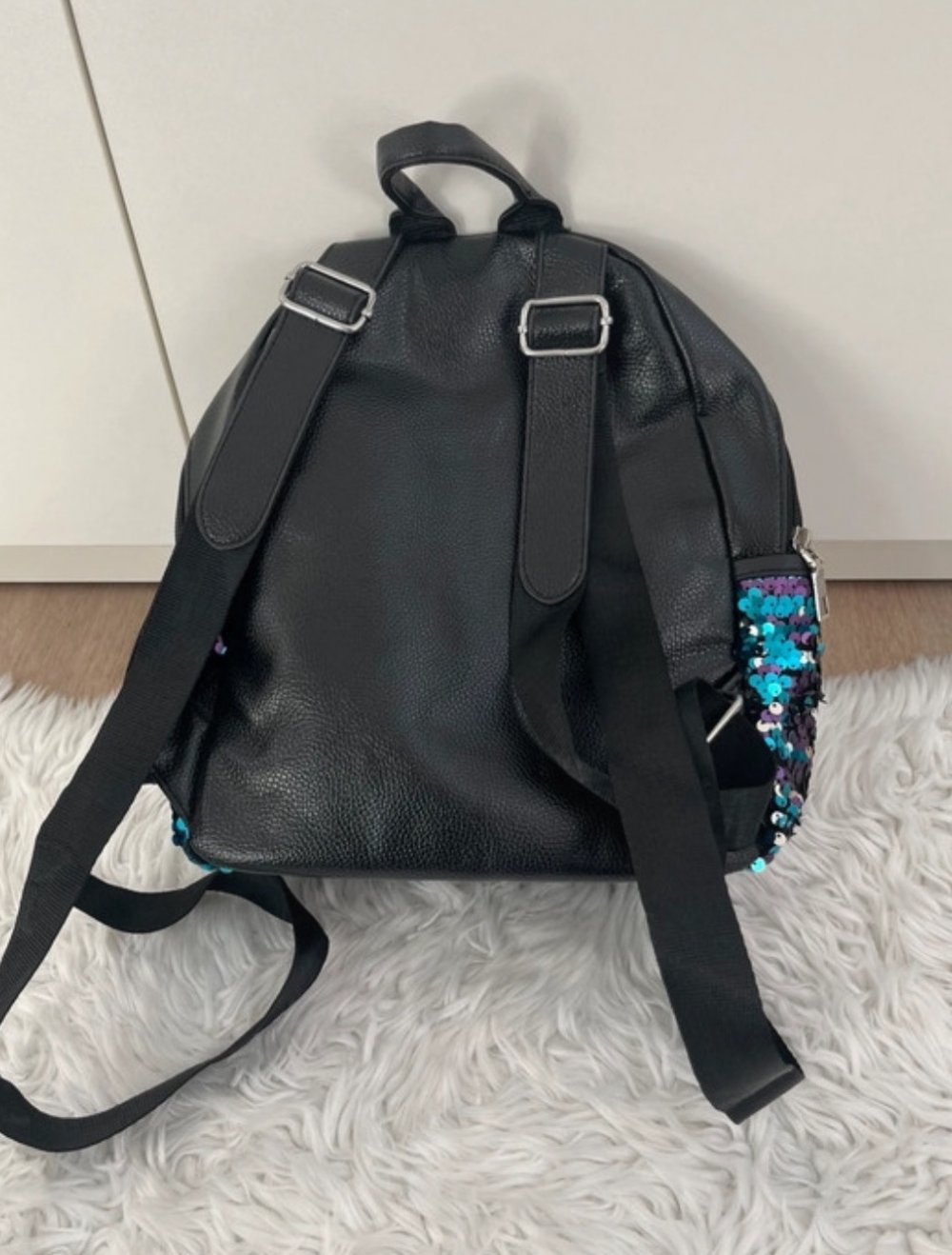 Rucksack Rucksäcke Schwarz Silber bunt Pailletten Kunstleder