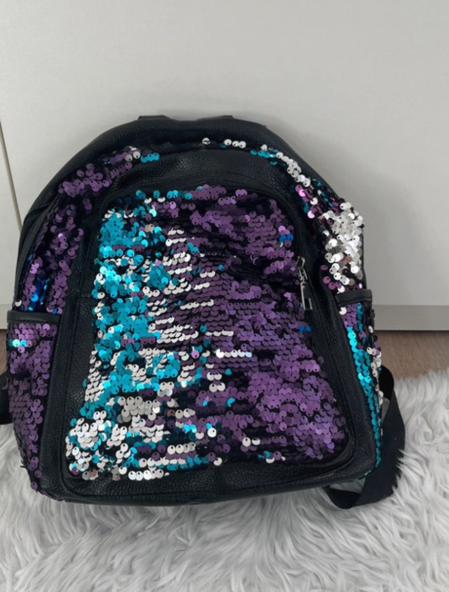 Rucksack Rucksäcke Schwarz Silber bunt Pailletten Kunstleder