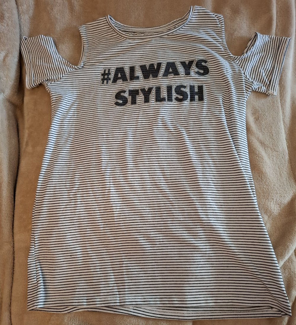 Schwarz-weiß gestreiftes T-Shirt (Schulterfrei) mit Glitzeraufdruck von here + there