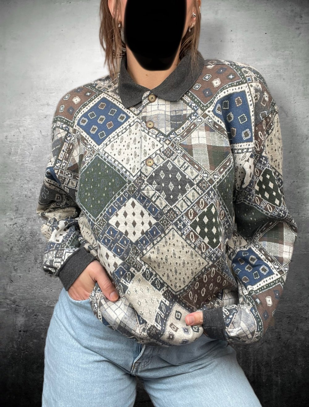 true vintage Retro Sweater 100% Baumwolle Pulli boho hippie ethno