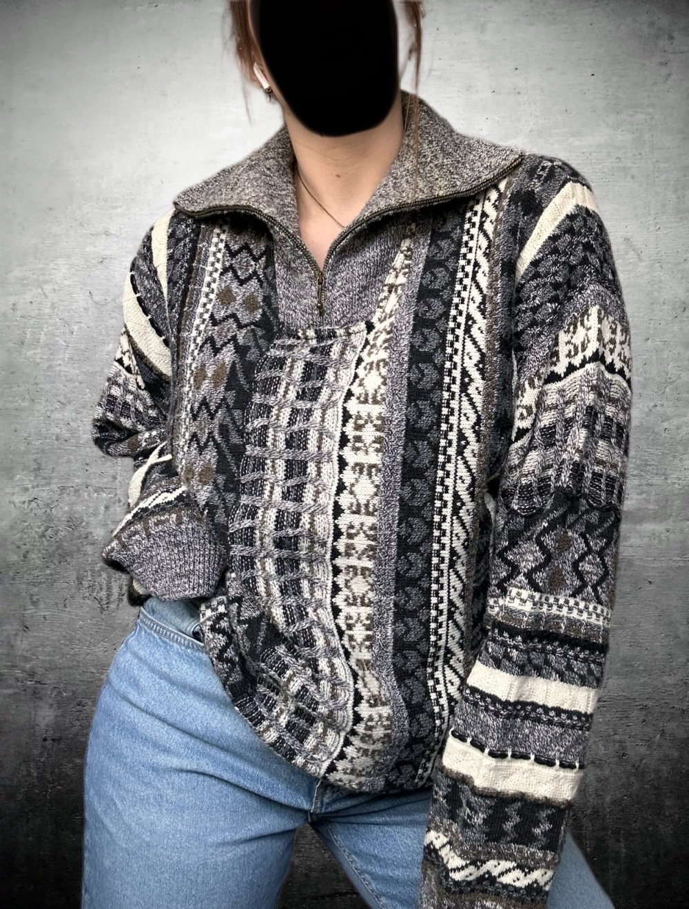 True vintage Retro Sweater Pulli Strickpullover boho zipper hippie ethno