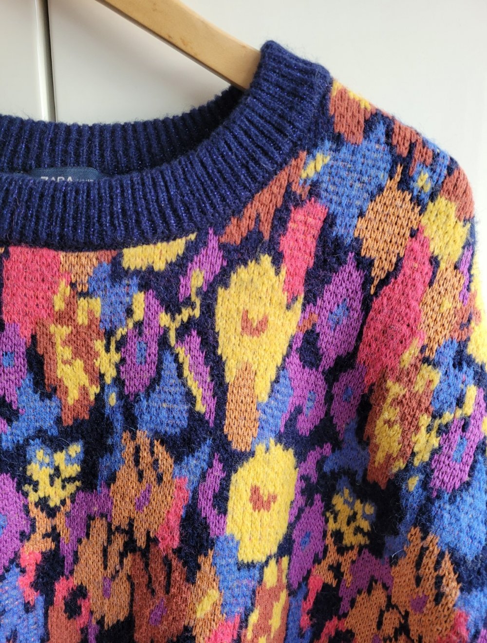 Zara Oversize Jacquardstrick Pullover Strickpullover bunt extravagant Vintage Jacquard Strick oversized Strickpulli Strickmuster knit Blogger Strickkleid M 38