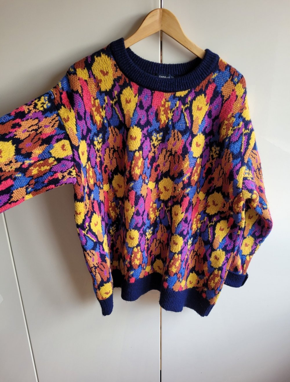 Zara Oversize Jacquardstrick Pullover Strickpullover bunt extravagant Vintage Jacquard Strick oversized Strickpulli Strickmuster knit Blogger Strickkleid M 38