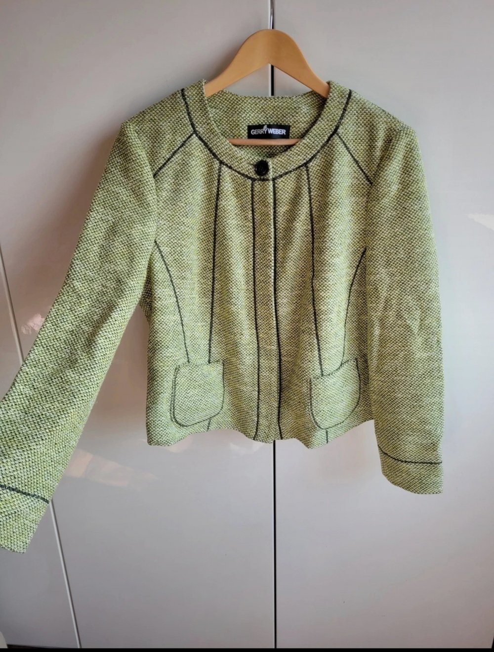 Gerry Weber Blazer mit verdeckter Knopfleiste Strickblazer Jacke Cardigan Strickjacke Strickcardigan truevintage Retro Vintage Designer Marke Kurzblazer Gr. M Blazerjacke knit Strick