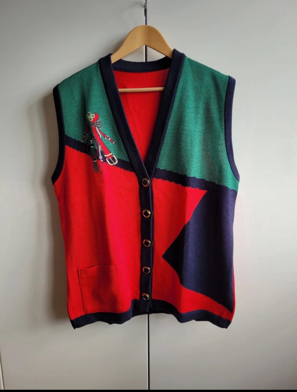 Vintage Strickweste Pullunder Weste Westover Stickerei bestickt Strickcardigan granny Cardigan Strickjacke truevintage neuwertig rot blau grün M 38 realvintage
