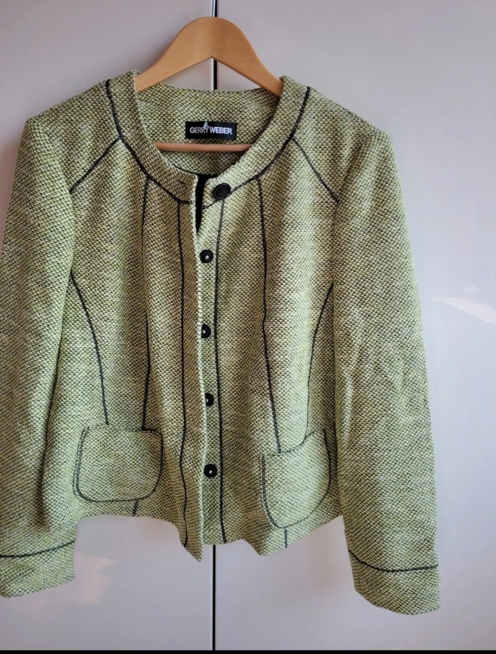 Gerry Weber Blazer mit verdeckter Knopfleiste Strickblazer Jacke Cardigan Strickjacke Strickcardigan truevintage Retro Vintage Designer Marke Kurzblazer Gr. M Blazerjacke knit Strick