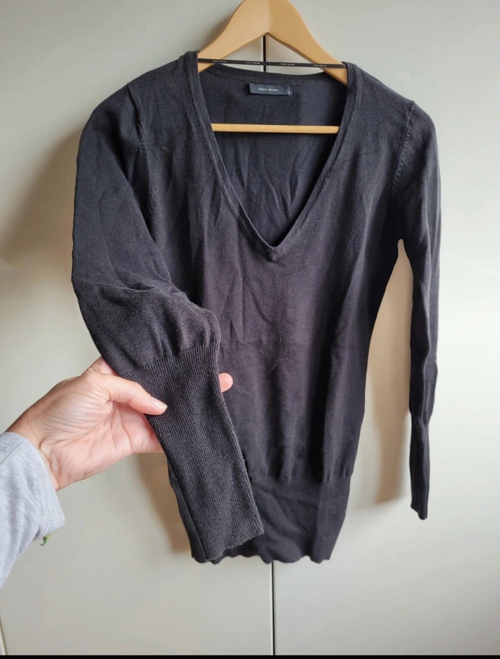 Vero Moda Basic Strickpullover V-Ausschnitt Longsweater Strickpulli langer Pullover Strick Knit Baumwolle Viskose Nylon
