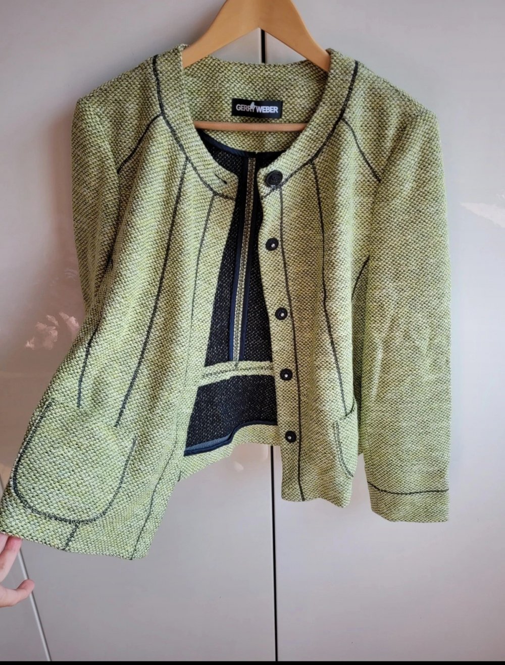 Gerry Weber Blazer mit verdeckter Knopfleiste Strickblazer Jacke Cardigan Strickjacke Strickcardigan truevintage Retro Vintage Designer Marke Kurzblazer Gr. M Blazerjacke knit Strick