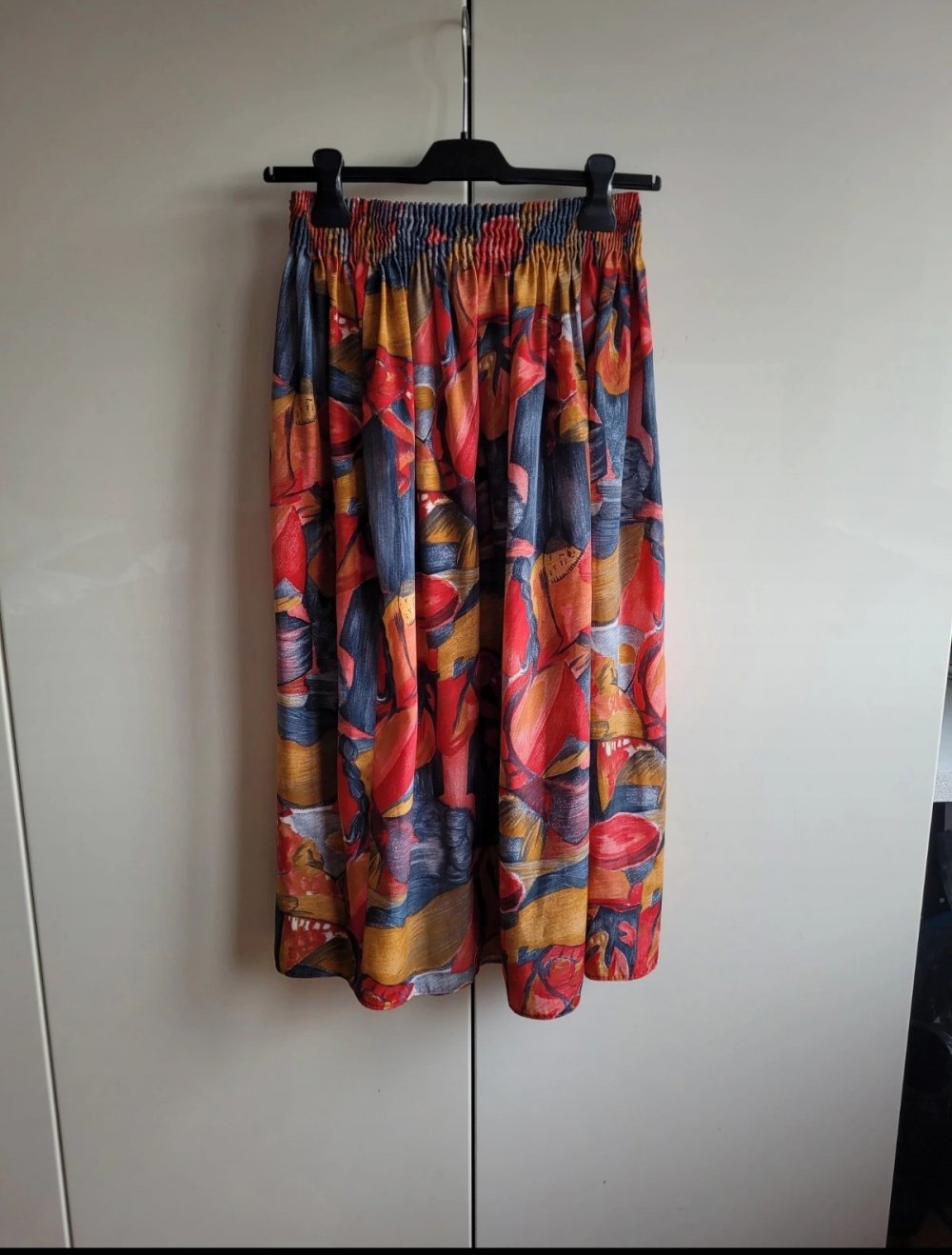High Waist Midirock Glockenrock Maxirock original Vintage truevintage bunt gemustert crazypattern Einheitsgröße Senf senfgelb rot