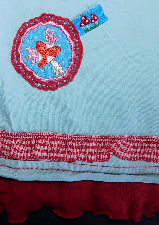 Gr.116-122 Long-Shirt Tunika hellblau rot - Handarbeit