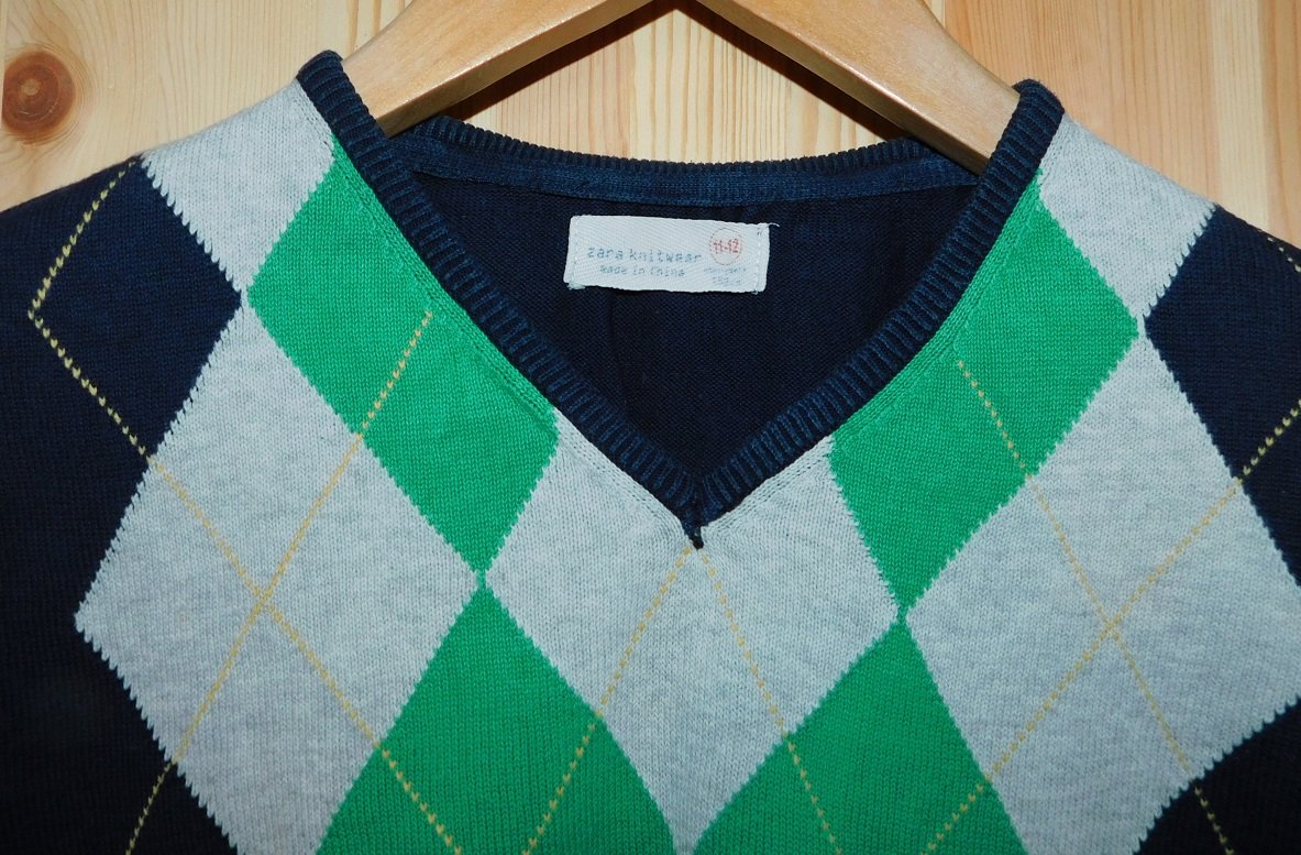 Gr.152 Pullover grau blau grün Rauten