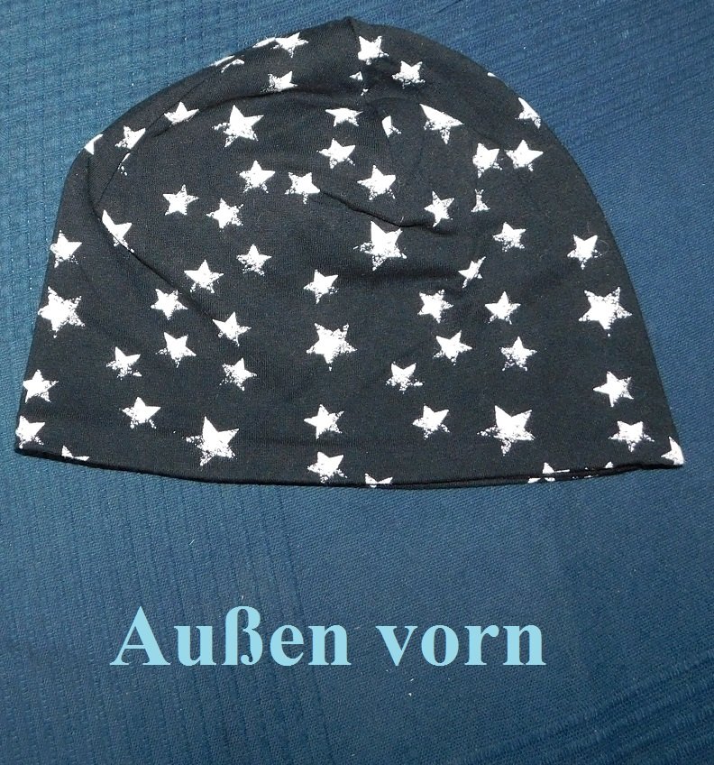 Wendemütze Baumwolljersey schwarz weiß Sterne KU 25-35cm - Handarbeit