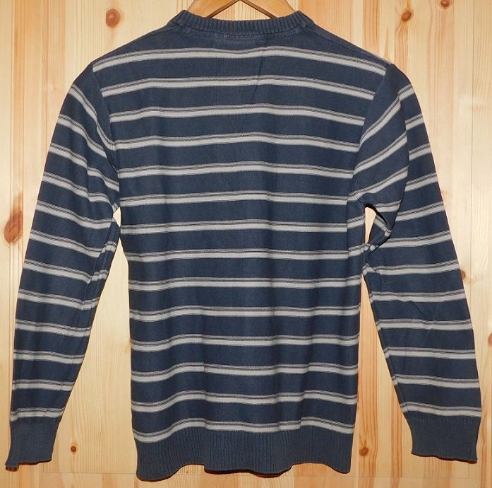 Gr.M (entspricht Gr.152) Feinstrick-Pullover grau blau gestreift