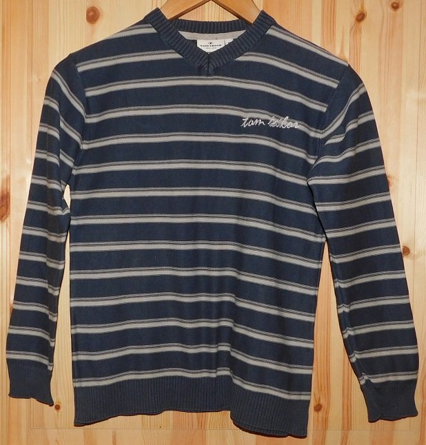Gr.M (entspricht Gr.152) Feinstrick-Pullover grau blau gestreift