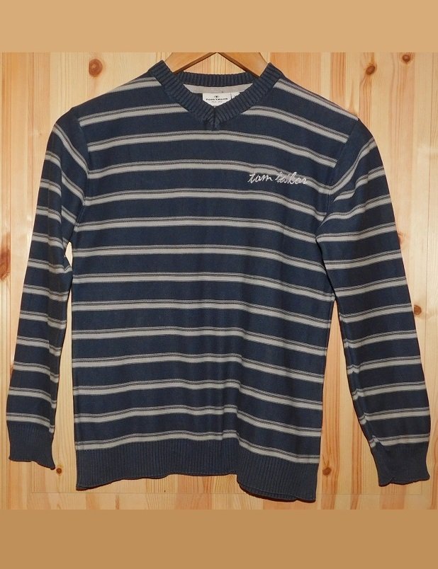 Gr.M (entspricht Gr.152) Feinstrick-Pullover grau blau gestreift
