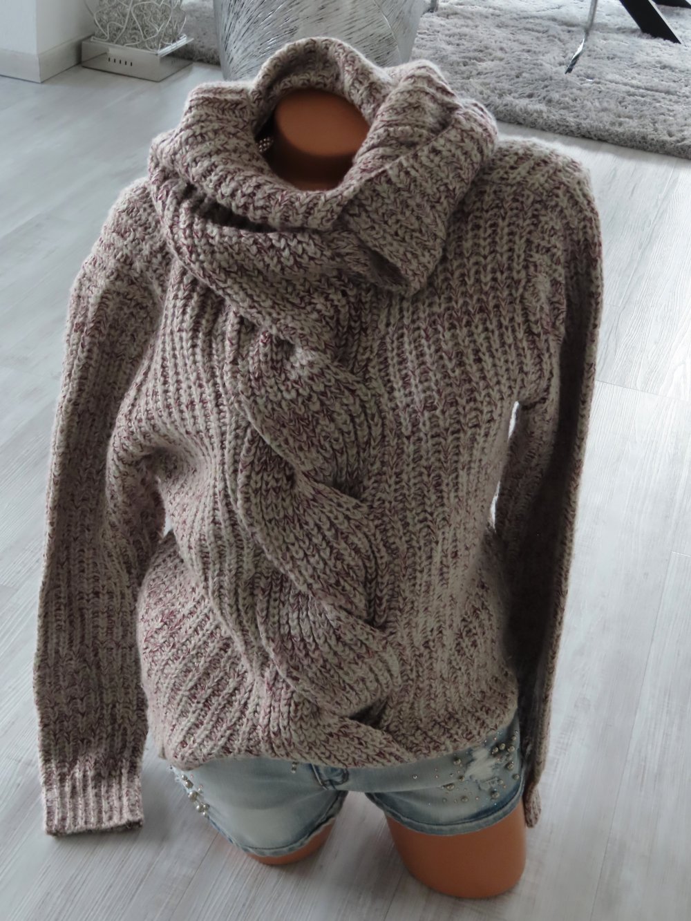 Bluse Top Shirt Hemd Jacke Pullover Strick Winter beige braun M L 38 40 Ibiza Blogger Boho Mantel Hippie Rollkragen Pulli