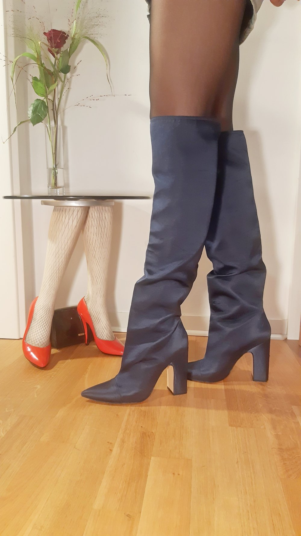 Zara Woman Blogger Satin Overknees High Heel Stiefel OTK blau 40