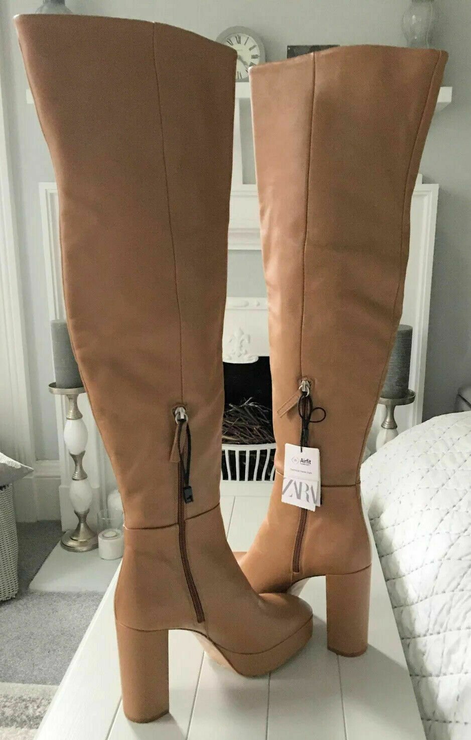 Überknie ZARA Plateau Overknee Glattleder Stiefel hellbraun braun 40