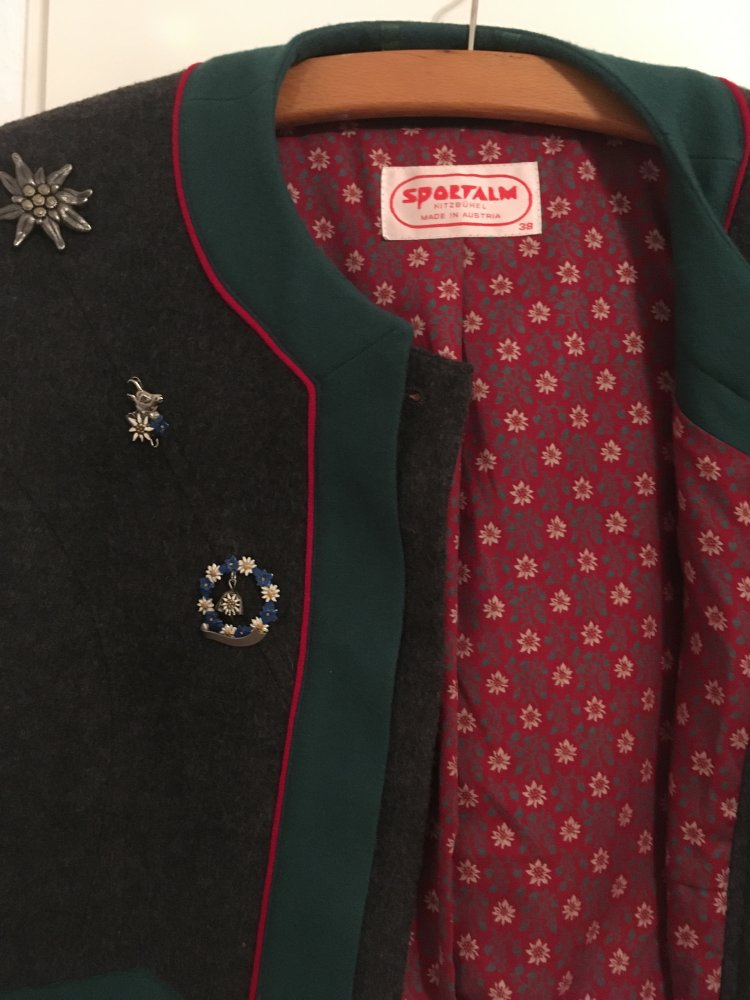NEU - Sportalm Trachtenjacke, grau grün, rot - 100 % Schurwolle / Viskose - Gr. 38 / M