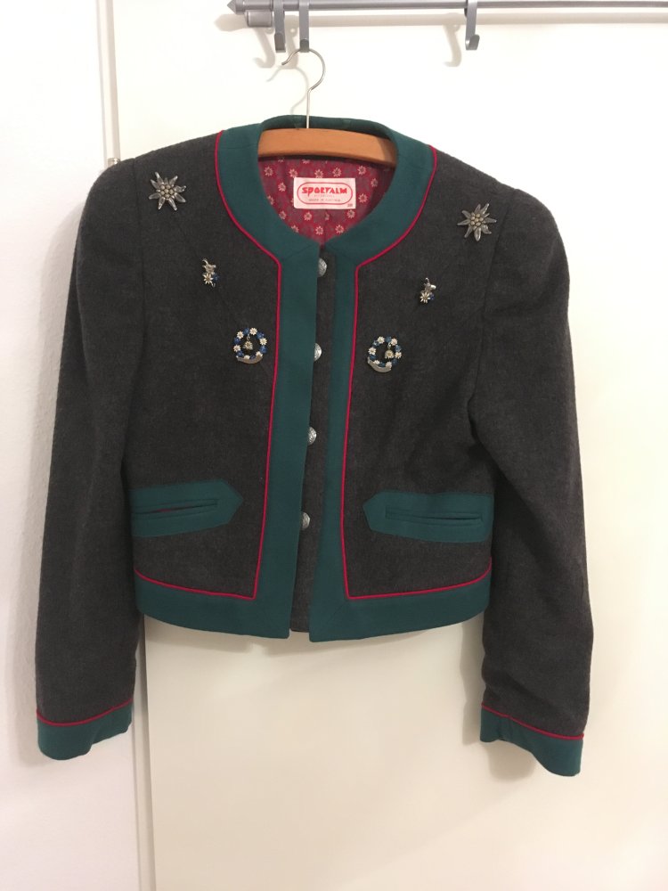 NEU - Sportalm Trachtenjacke, grau grün, rot - 100 % Schurwolle / Viskose - Gr. 38 / M