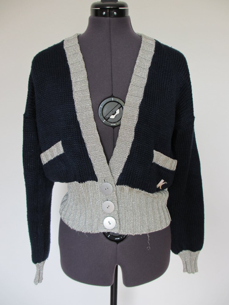 Vintage - Kriziamaglia Strickjacke / Jacke, Silber Blau, seide - Gr. 42 / XL