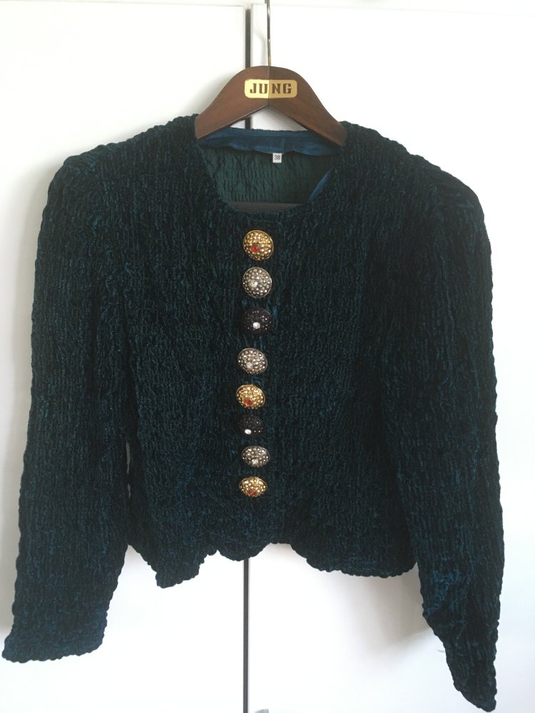 Vintage - Samtjacke Grün mit großen Zierknöpfen, Samt Viskose Baumwolle Gr. M / 38