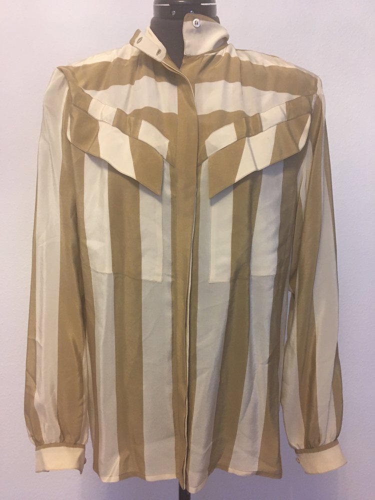Vintage - Vintage - Bluse / Hemd, 100 % Seide, gestreift, beige weiß - Gr. M / 38