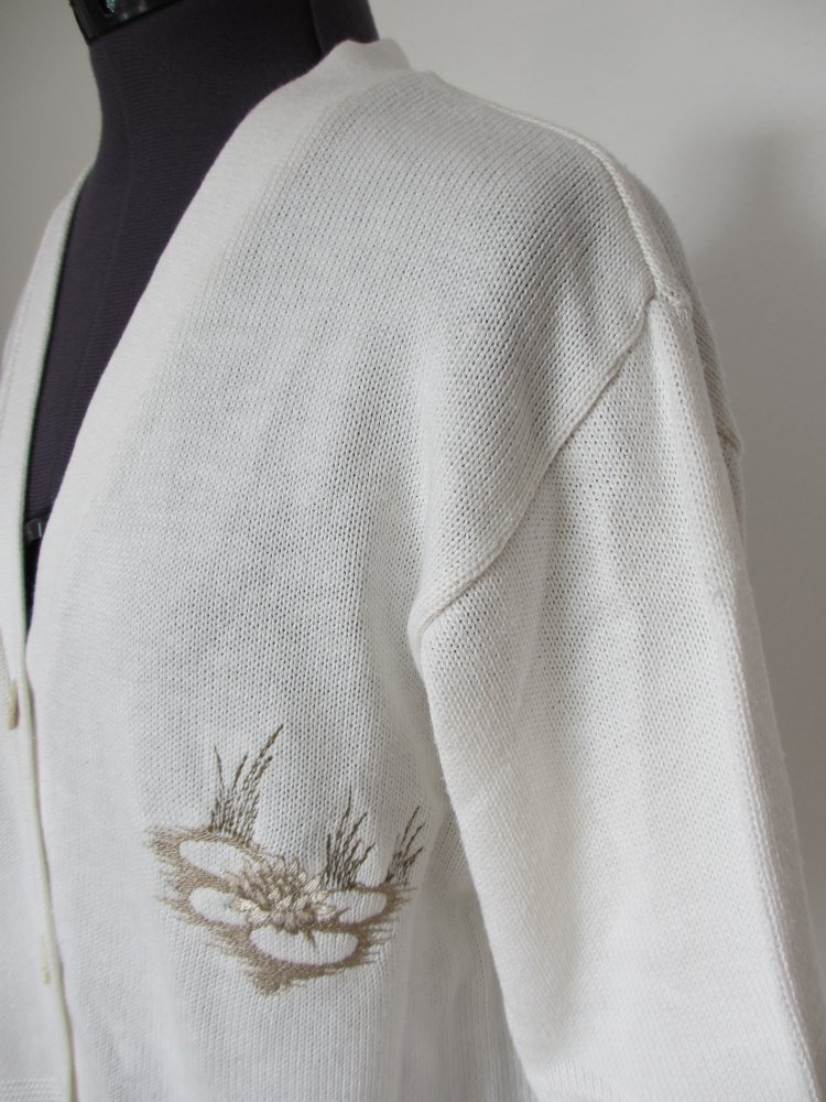 Vintage / Handmade Strickjacke mit Applikation, Gr. 40 / L, Beige, Creme