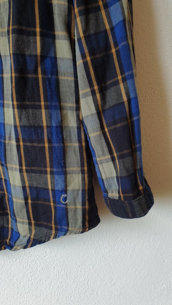 Schwarz blau orange beige karierte Bluse mit Knöpfen
