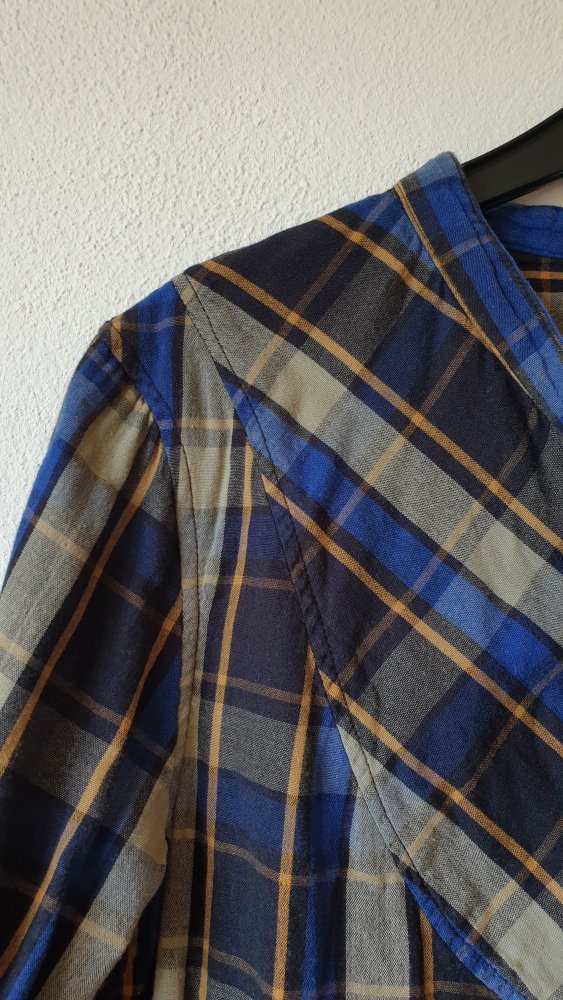 Schwarz blau orange beige karierte Bluse mit Knöpfen