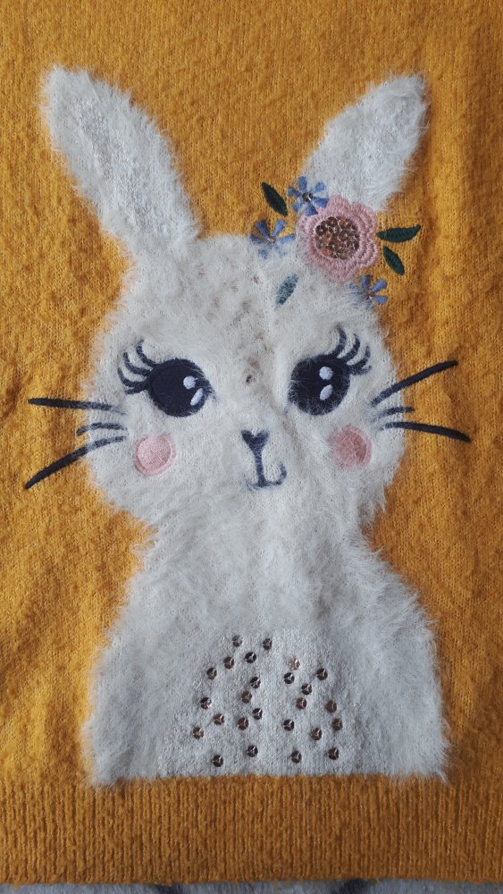 Senfgelber Pullover mit kuscheligem Häschen und Glitzer