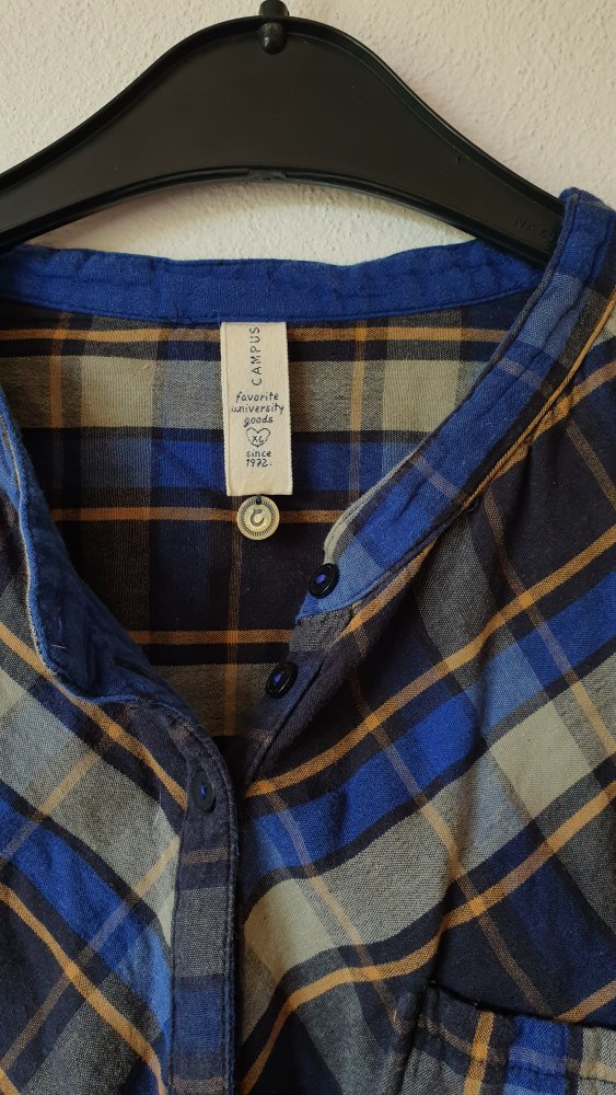 Schwarz blau orange beige karierte Bluse mit Knöpfen