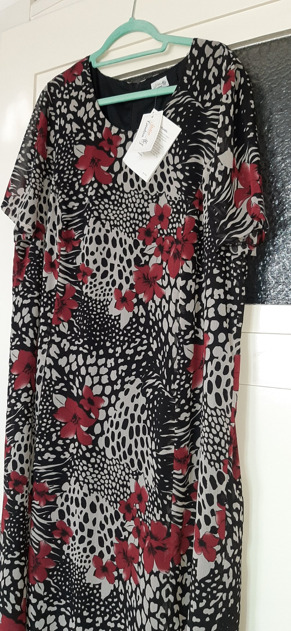 Atelier Creation Sommerkleid schwarz weiß rot lockeres Kleid halblang 46 XXL (Größe 25)  NEU mit Etikett