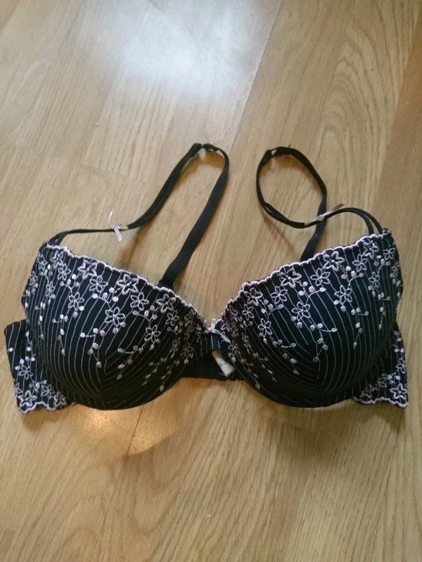 Nadelstreifen Bügel BH | Gr. 75B | schwarz weiß rosa | Lingerie
