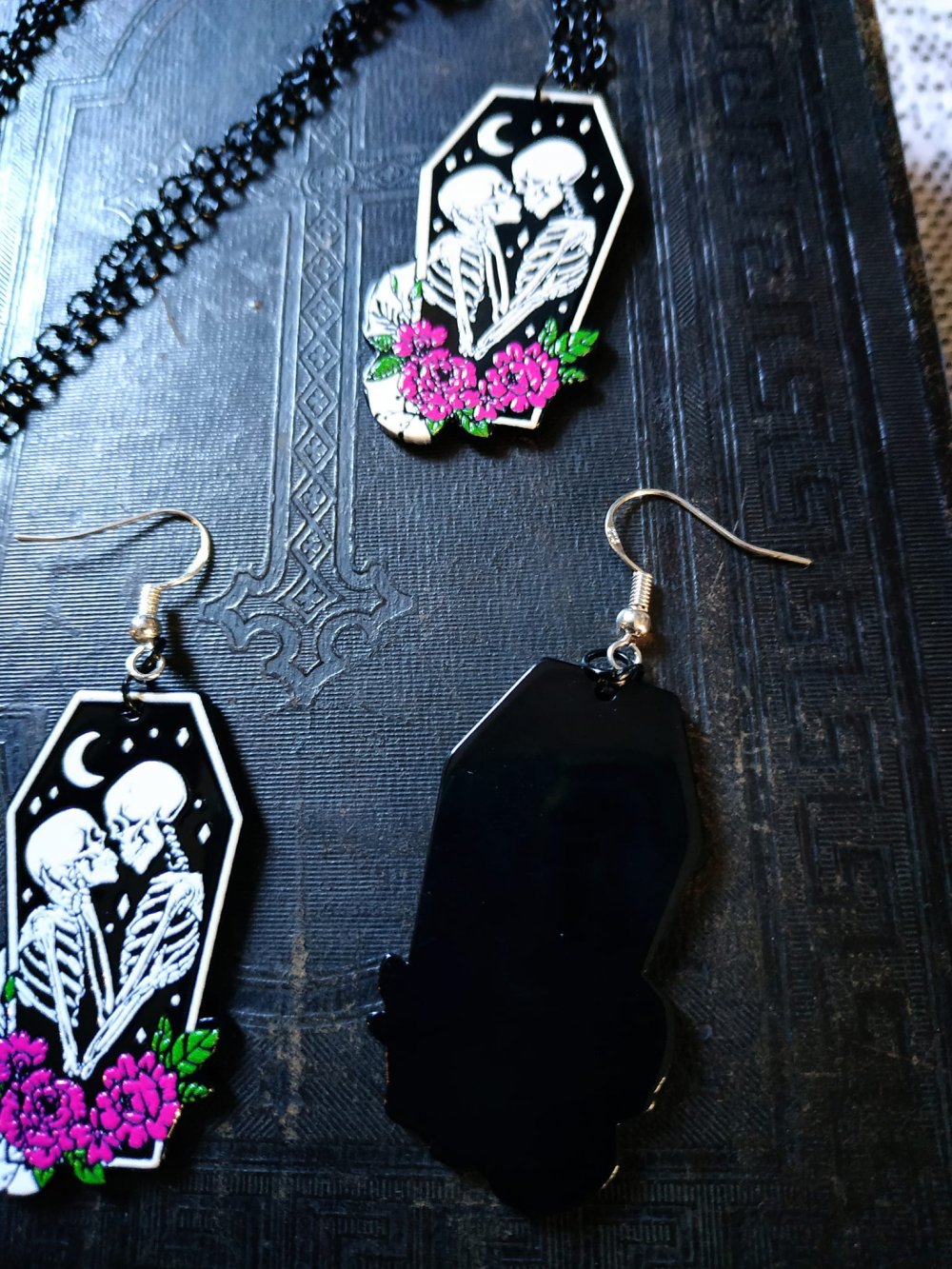 Horror Skelett Halloween Gothic Love Core Look Ohrhänger Kette Set