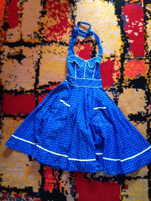 vintage rockabilly gepunktete blau weiss Kleid Sommerkleid Pinup style XS