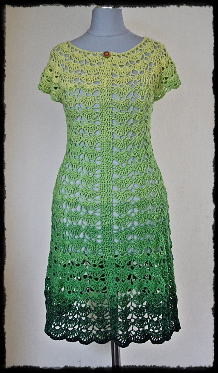 Grünes, neues Ombre Hippie Häkelkleid, Gr.34/36, Unikat