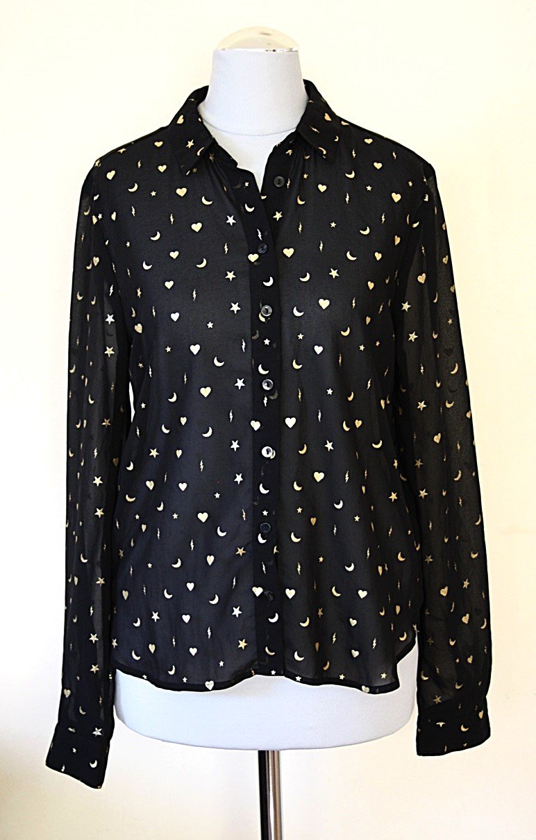 Schwarze, transparente Bluse mit goldenen Prints, Gr.XS