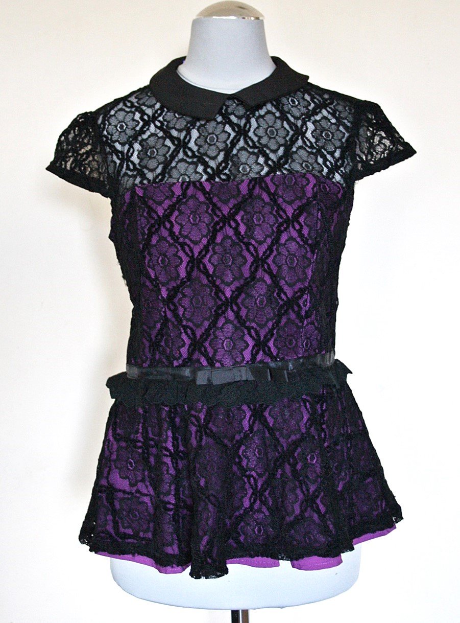 Wunderschöne, schwarz-violette Spitzenbluse, Gr.34/36