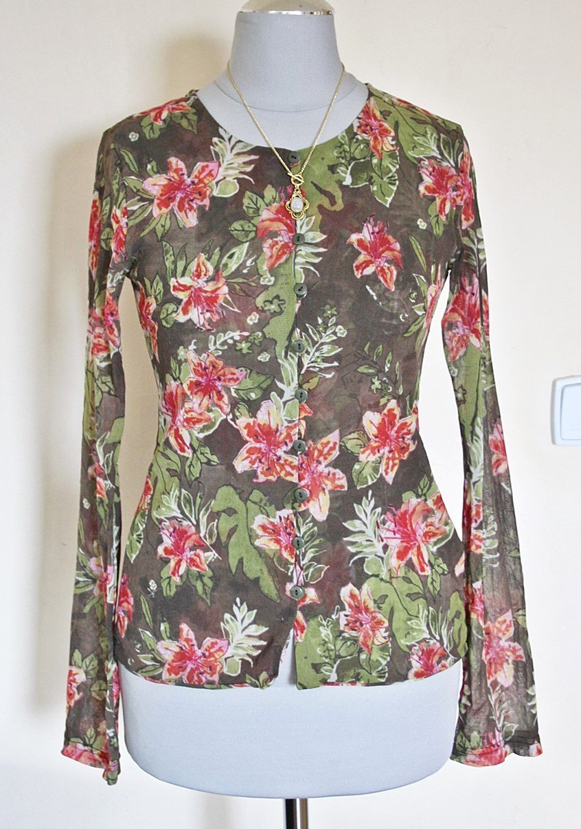 Leichte, geblümte Vintage Meshbluse, Gr.XS