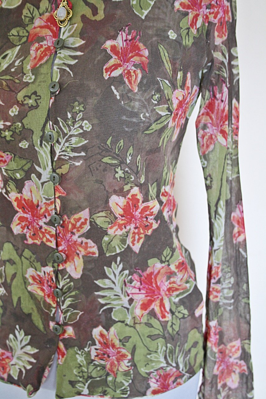 Leichte, geblümte Vintage Meshbluse, Gr.XS