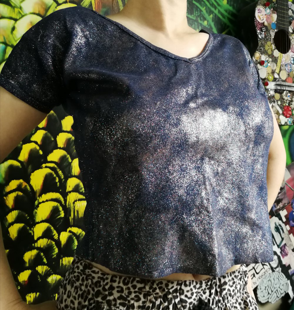 70er T-Shirt Cropped Bauchfrei Glitzer Unikatsshirt! 2 in 1 Beidseitig tragbag Galaxy Designershirt!